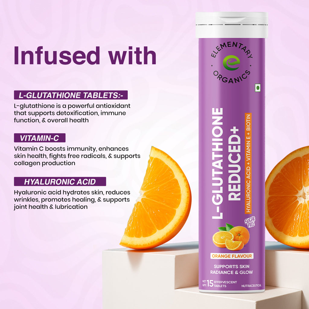 Elementaryorganics L-Glutathione Effervescent with Vitamin C & E to Improves skin  & Reduces Pigmentation, Orange, 15 Effervescent Tablets