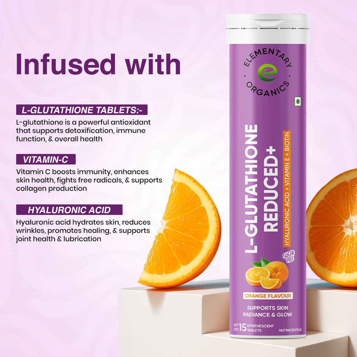 Elementaryorganics L-Glutathione Effervescent with Vitamin C & E to Improves skin  & Reduces Pigmentation, Orange, 15 Effervescent Tablets