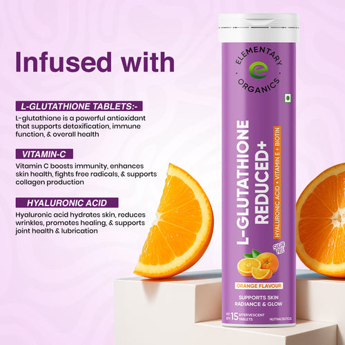 Elementaryorganics L-Glutathione Effervescent with Vitamin C & E to Improves skin  & Reduces Pigmentation, Orange, 15 Effervescent Tablets