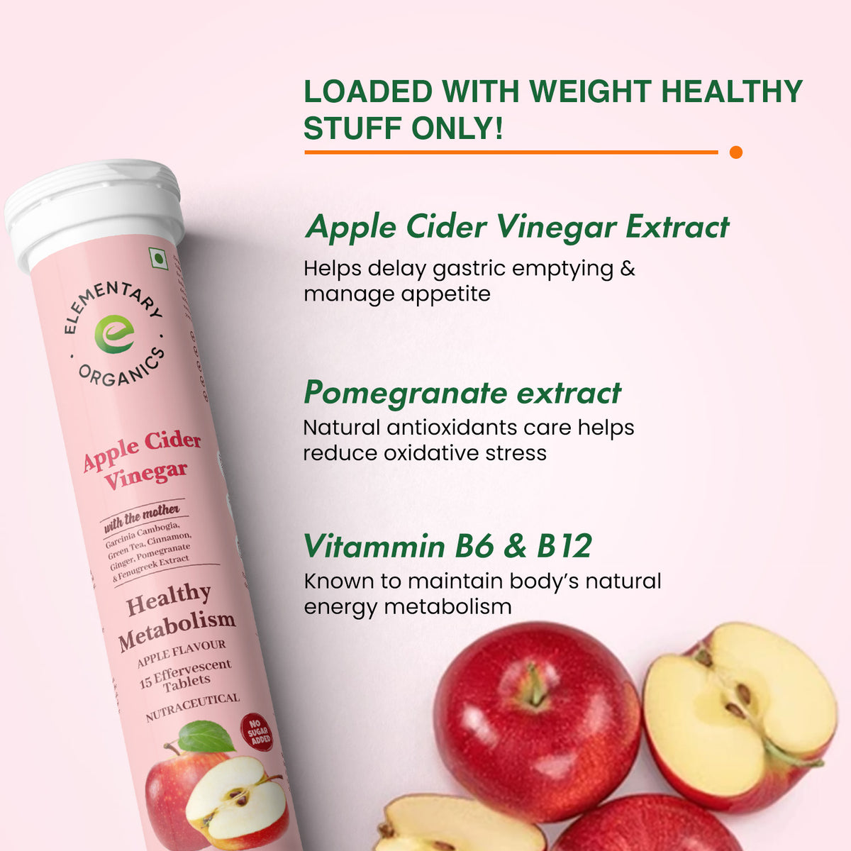 Elementaryorganics Apple Cider Vinegar Effervescent Tablets, Control Cravings with Vitamin B6 & B12 (30 Tablets)
