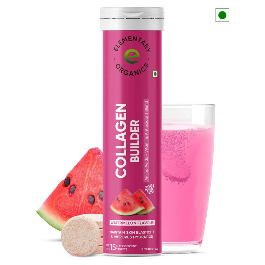 Elementary Organics Collagen Builder Effervescent Tablets | Vitamin C & E | Watermelon | 15 Tablets