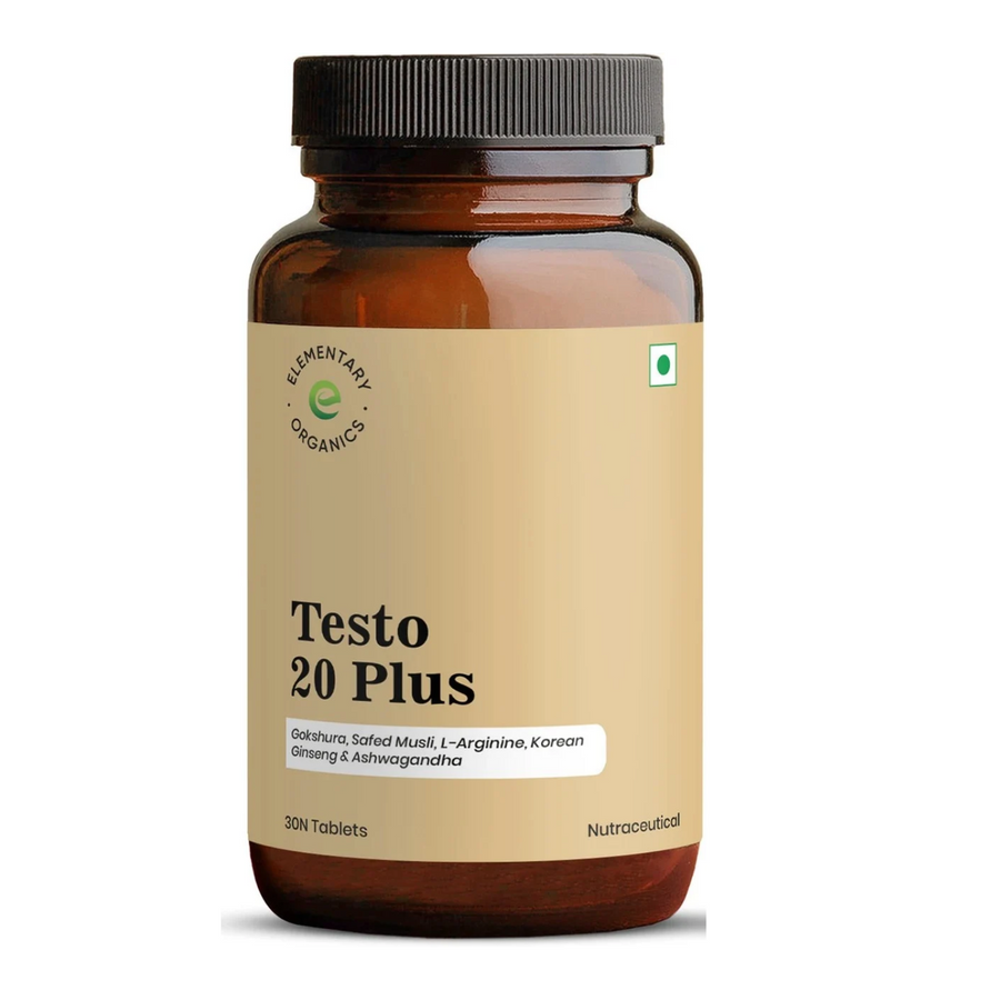 Elementaryorganics Testo 20 Plus Supplement with Gokshura, Safed Musli, L-Arginine, Ashwagandha | Strength | Stamina | Performance | Energy – 30 Veg Tablets